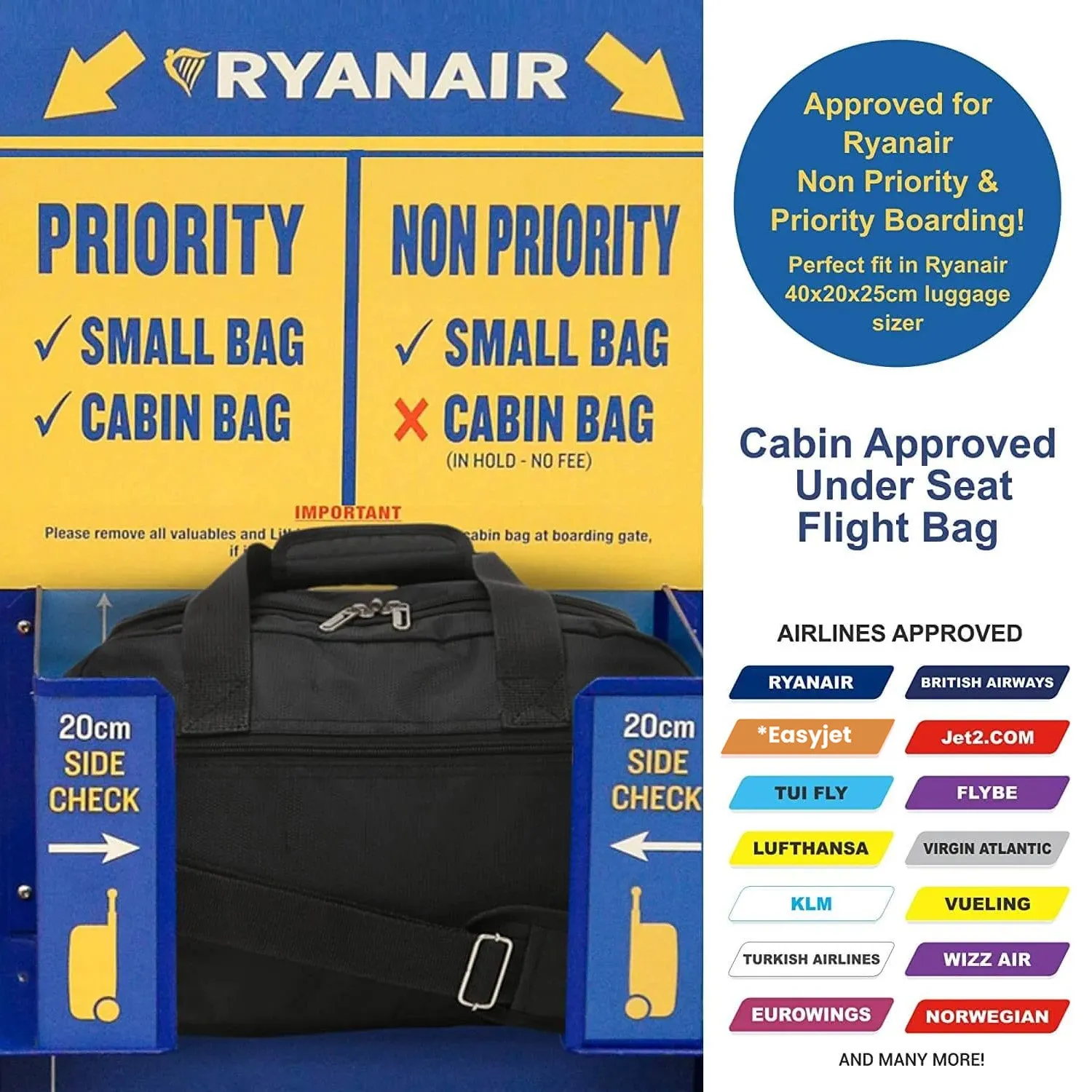 Aerolite Ryanair Maximum Cabin Bag (40x20x25cm) With 10 Years Guarantee, New and Improved 2024 Holdall Cabin Luggage Under Seat Flight Bag