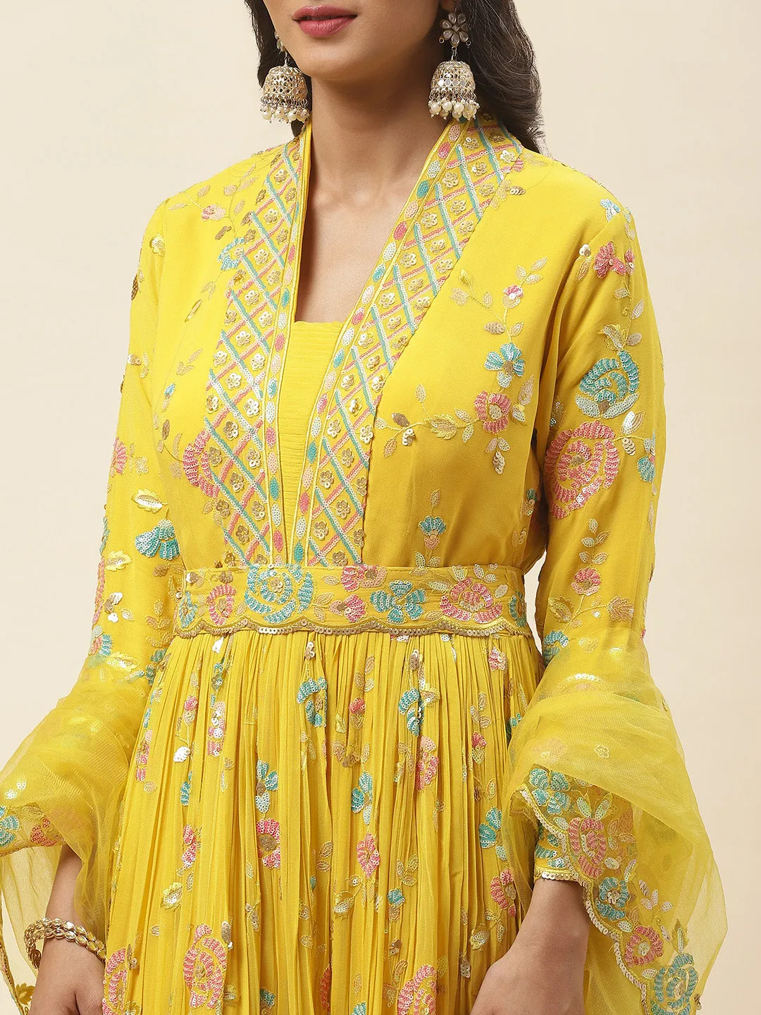 All Over Sequence Georgette Anarkali Kurta With Churidar & Dupatta