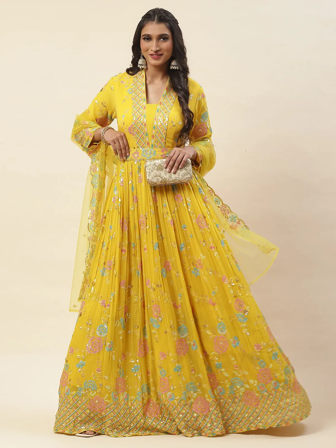 All Over Sequence Georgette Anarkali Kurta With Churidar & Dupatta