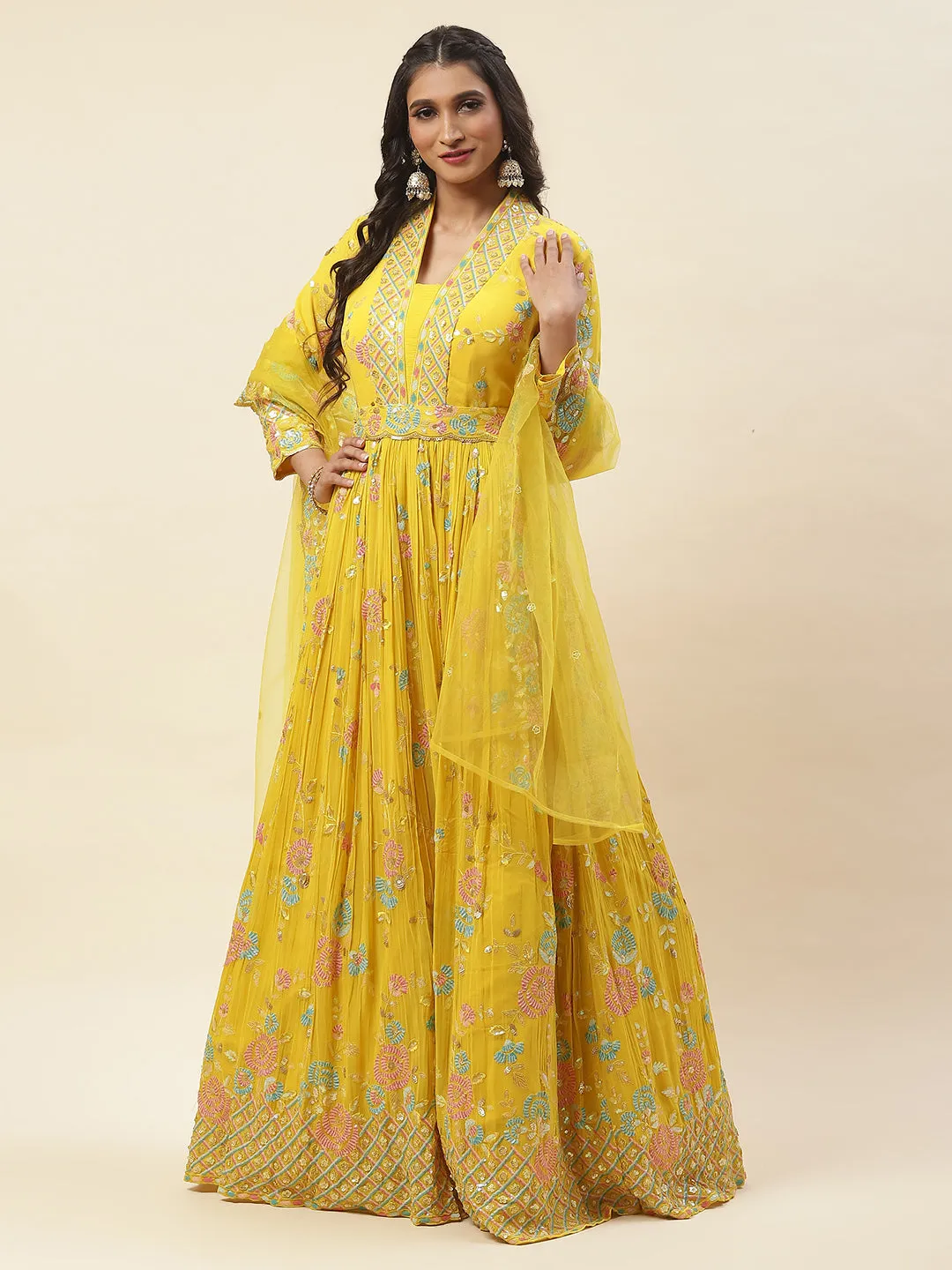 All Over Sequence Georgette Anarkali Kurta With Churidar & Dupatta