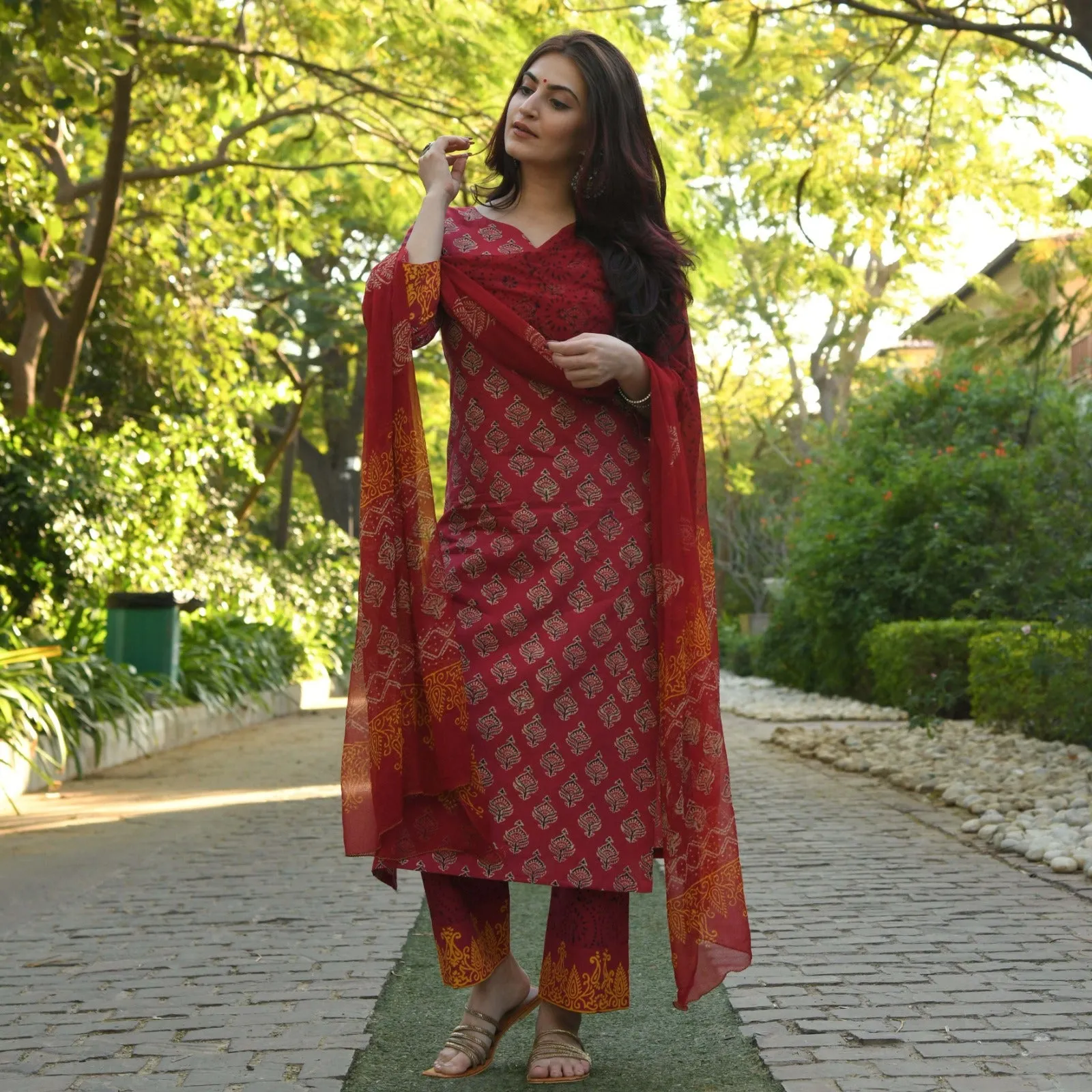 Beautiful Women's Berry Maroon Kurti Pant with Dupatta Set