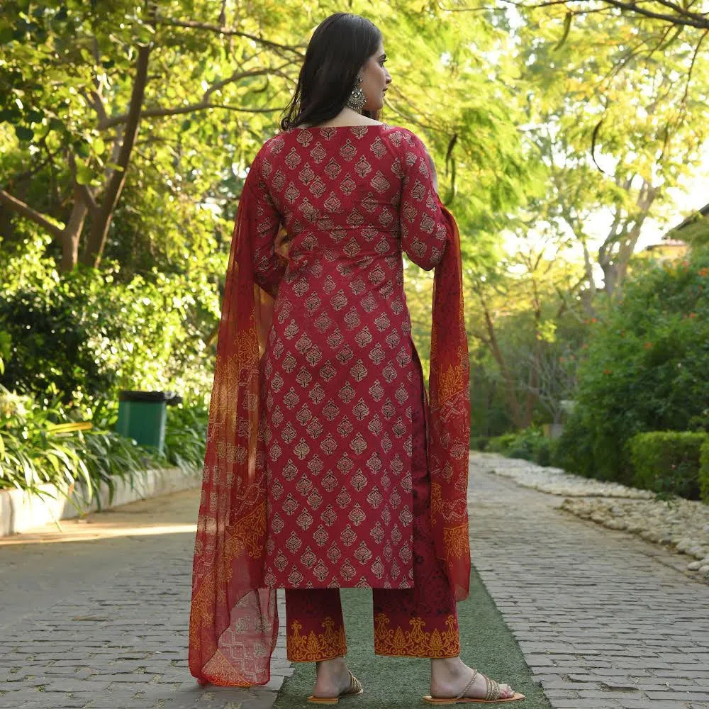 Beautiful Women's Berry Maroon Kurti Pant with Dupatta Set