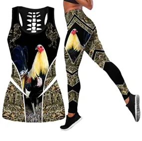 Fashion Women 3D Rooster Print Two Piece Yoga Set Vest Hollow Tank Top Legging Sport Fitness Quick Dry Set