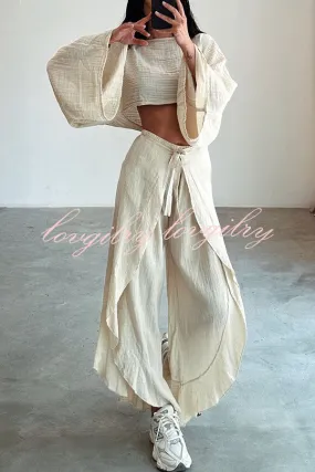 Ideal for Holidays Linen Blend Crop Top and Elastic Waist Tie-up Ruffle Pants Set