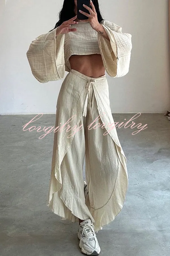 Ideal for Holidays Linen Blend Crop Top and Elastic Waist Tie-up Ruffle Pants Set