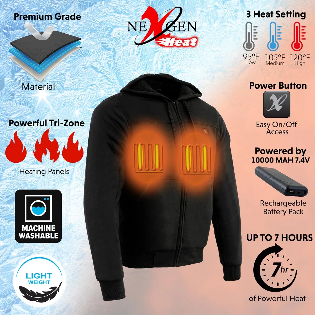 Nexgen Heat MPM1713SET Men's Fiery Heated Hoodie- Black Zipper Front Sweatshirt Jacket for Winter w/Battery Pack