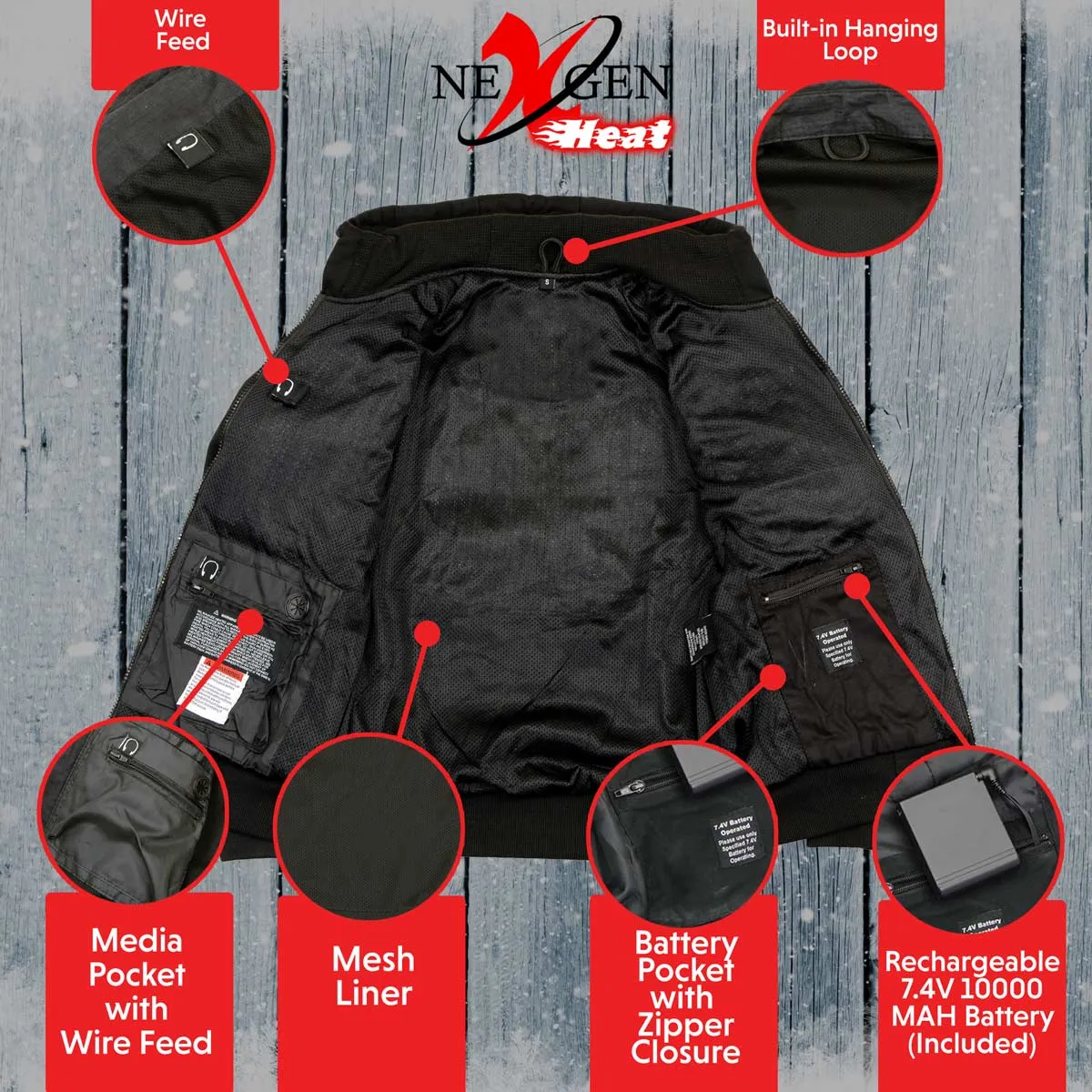 Nexgen Heat MPM1713SET Men's Fiery Heated Hoodie- Black Zipper Front Sweatshirt Jacket for Winter w/Battery Pack