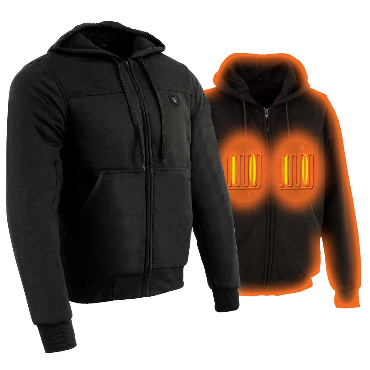 Nexgen Heat MPM1713SET Men's Fiery Heated Hoodie- Black Zipper Front Sweatshirt Jacket for Winter w/Battery Pack