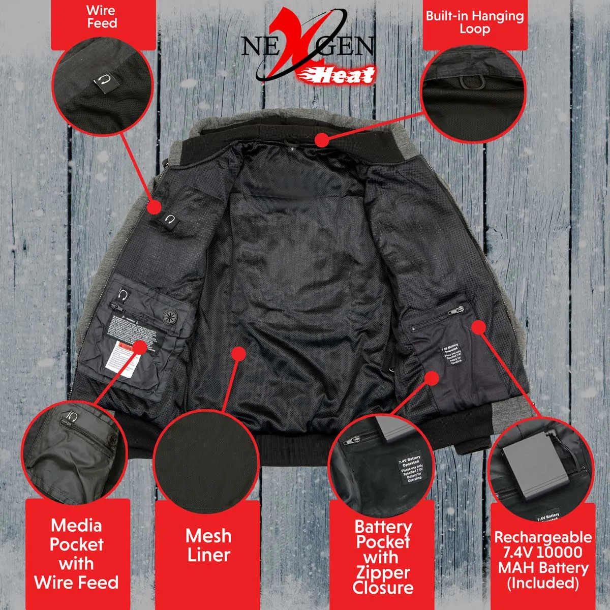 Nexgen Heat MPM1713SET Men's Fiery Heated Hoodie - Grey Zipper Front Sweatshirt Jacket for Winter w/Battery Pack