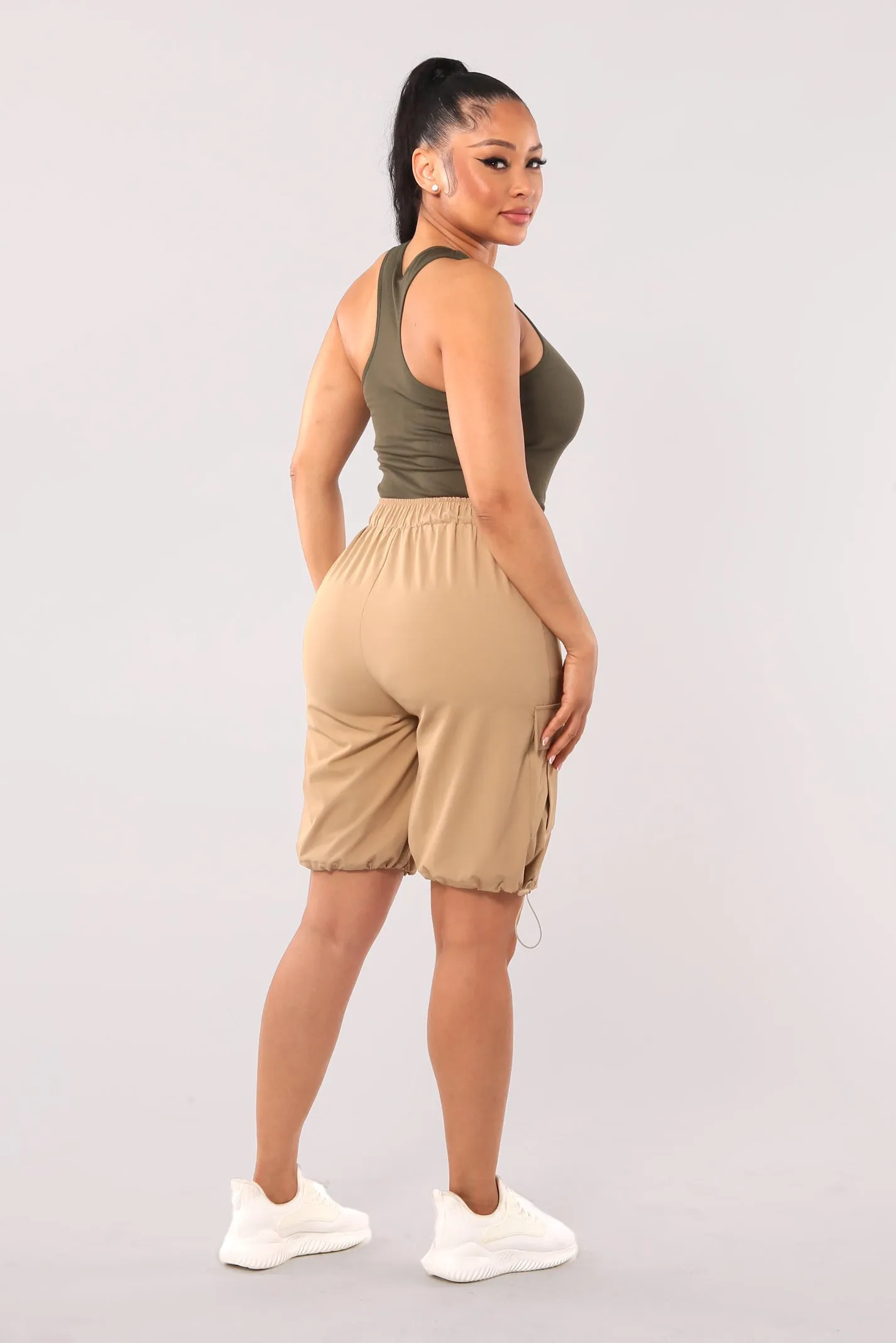 Nylon Cargo Shorts With Bungee Cord Tie Hem - Desert Khaki