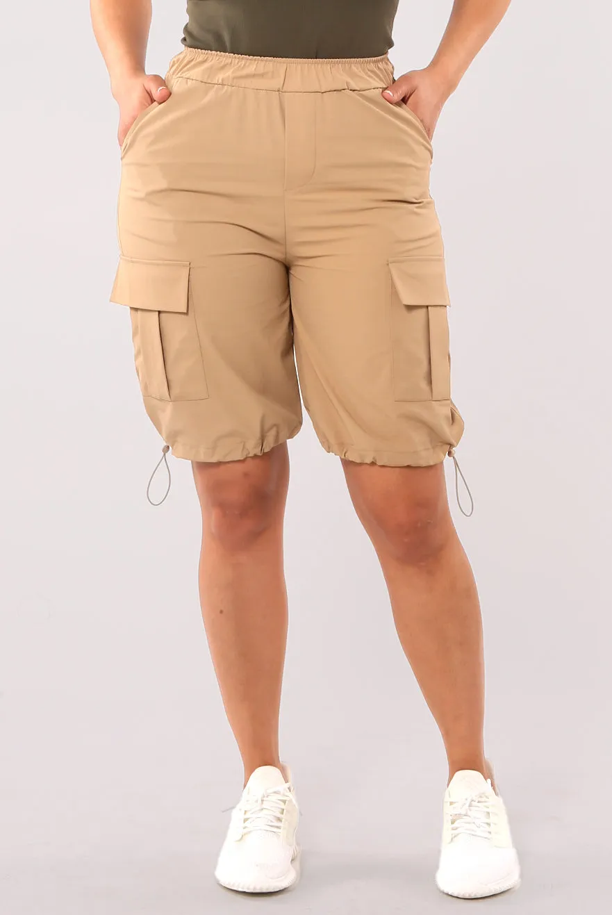Nylon Cargo Shorts With Bungee Cord Tie Hem - Desert Khaki