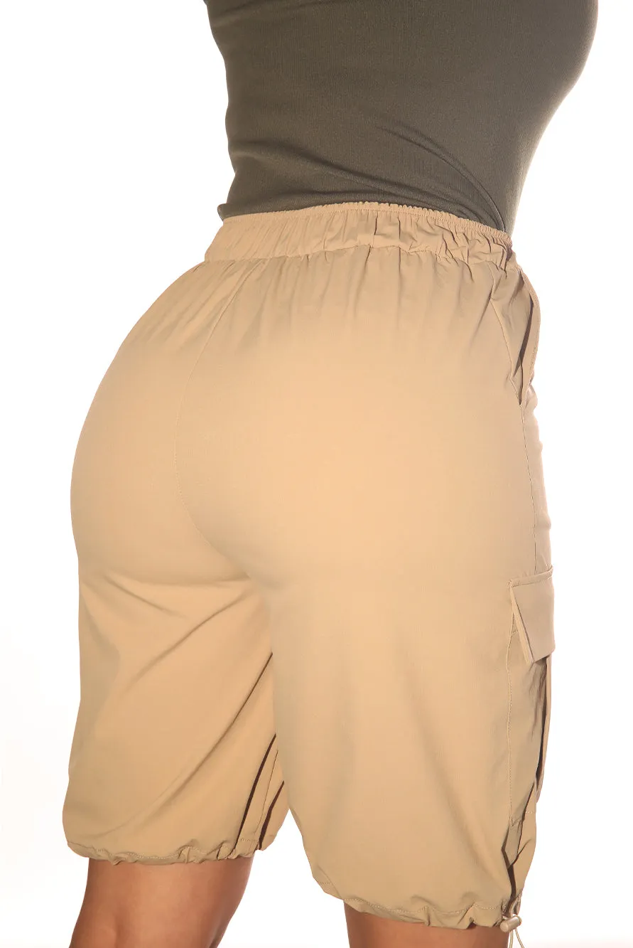 Nylon Cargo Shorts With Bungee Cord Tie Hem - Desert Khaki