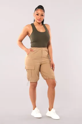 Nylon Cargo Shorts With Bungee Cord Tie Hem - Desert Khaki