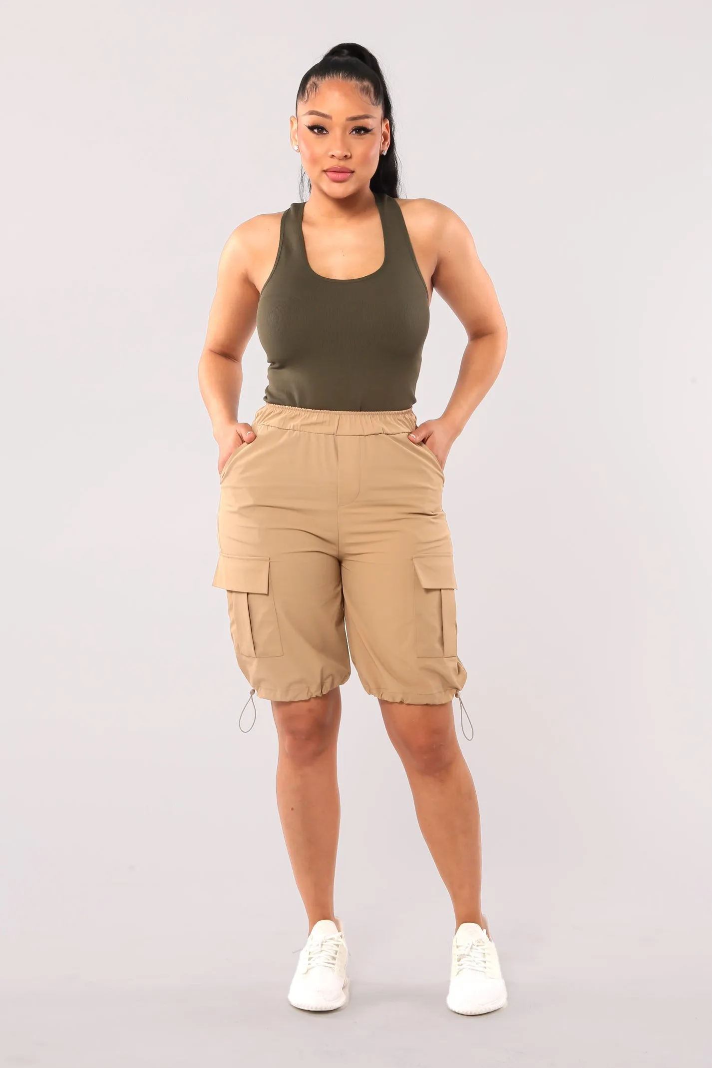 Nylon Cargo Shorts With Bungee Cord Tie Hem - Desert Khaki