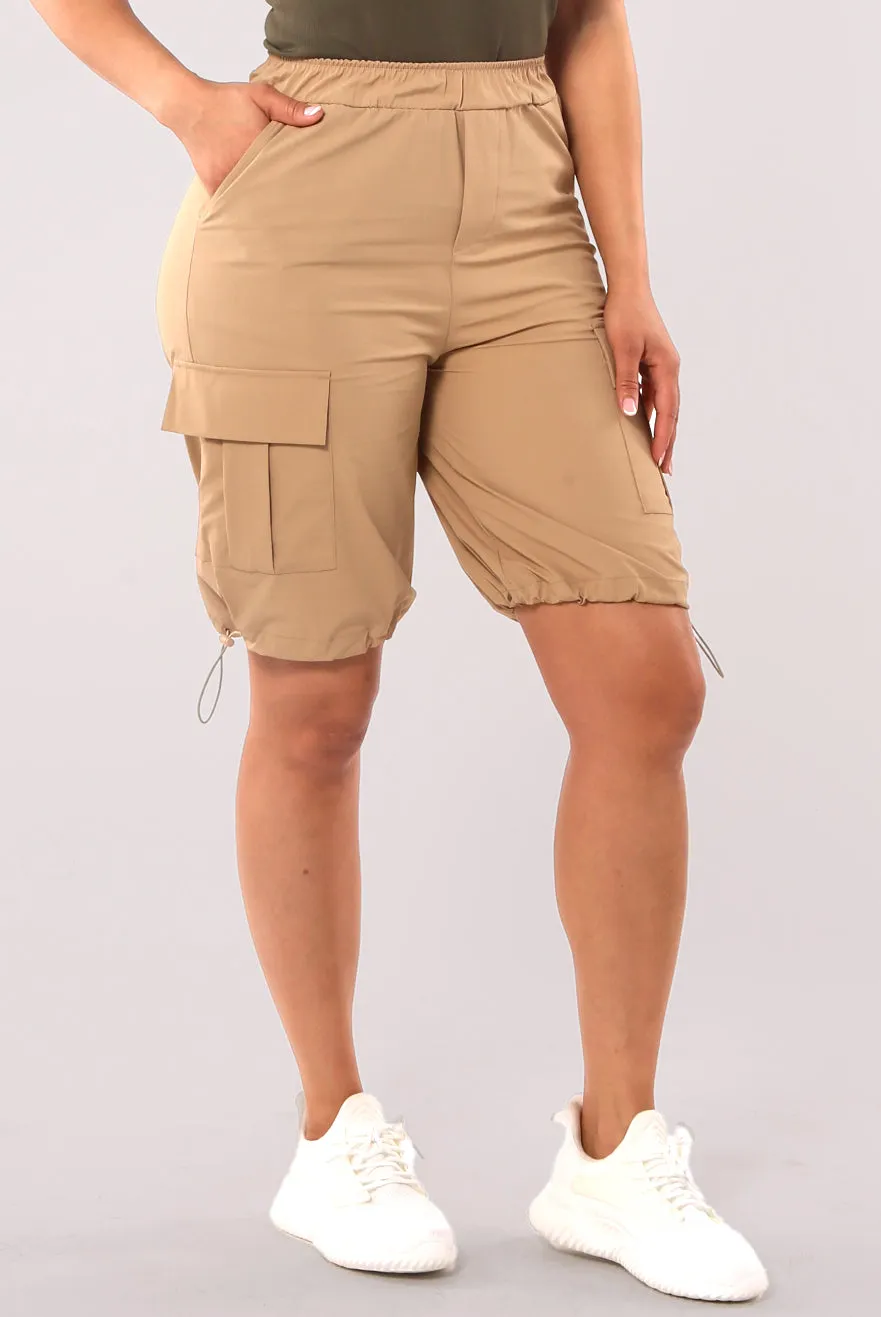 Nylon Cargo Shorts With Bungee Cord Tie Hem - Desert Khaki