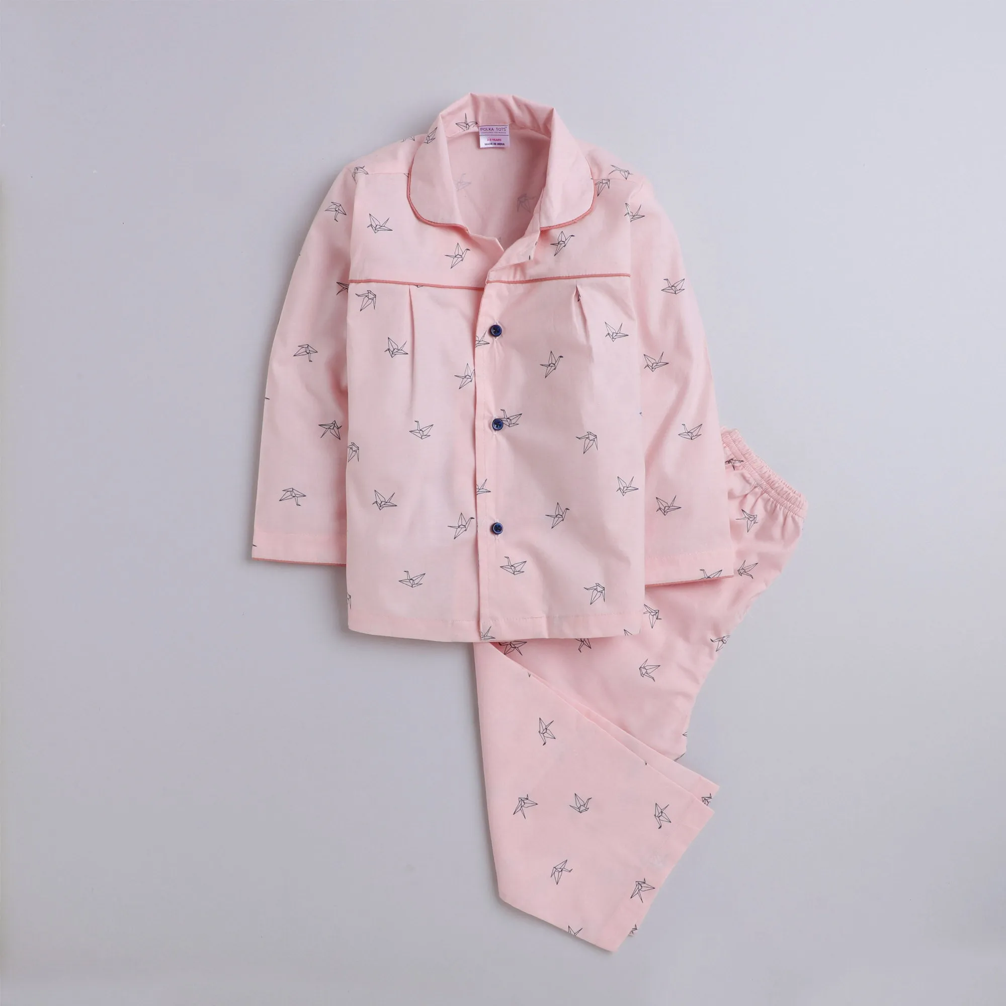 Polka tots Full Sleeve Night Suit Pair Pink (Origami Bird)