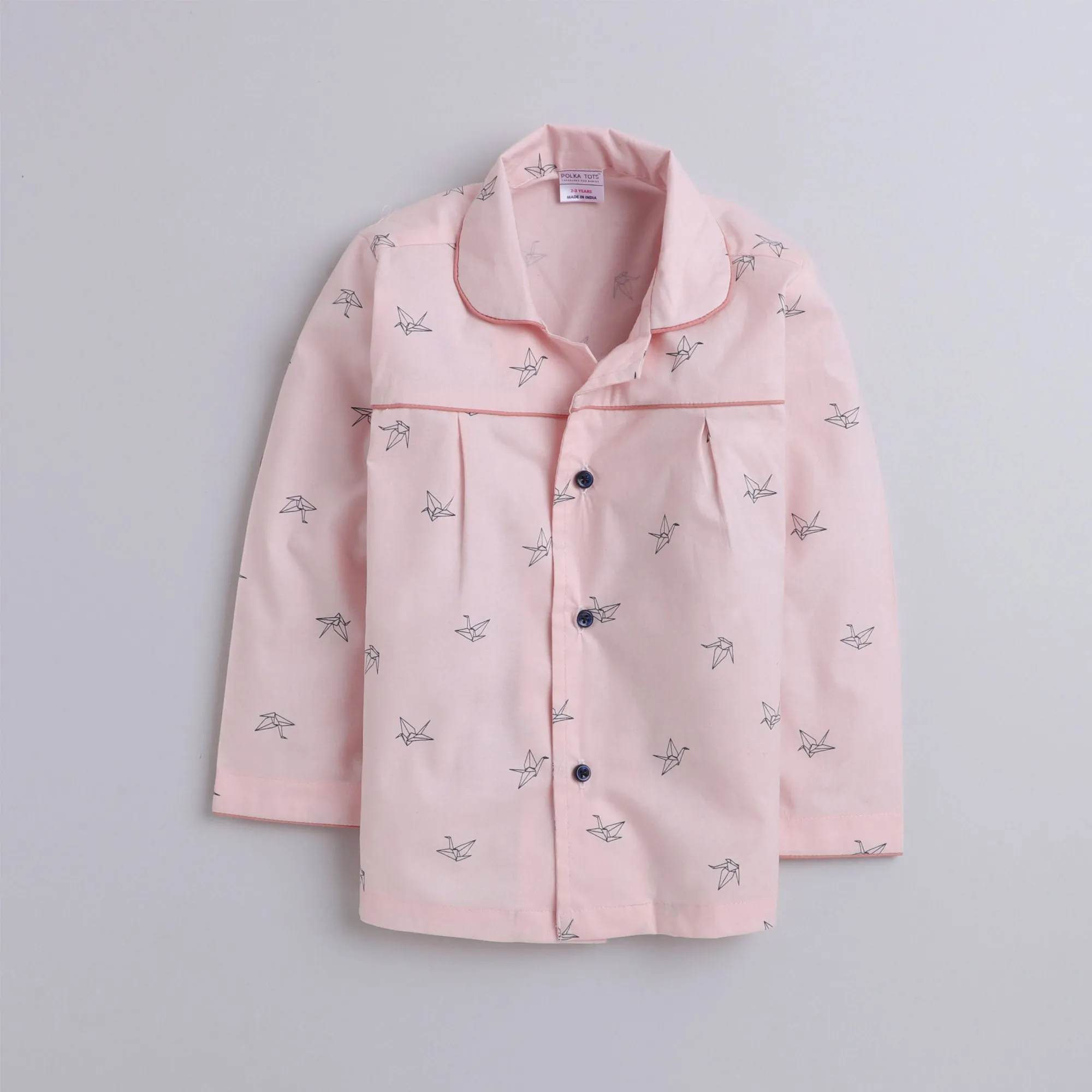 Polka tots Full Sleeve Night Suit Pair Pink (Origami Bird)
