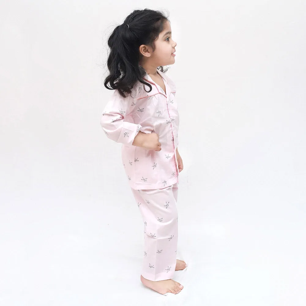Polka tots Full Sleeve Night Suit Pair Pink (Origami Bird)