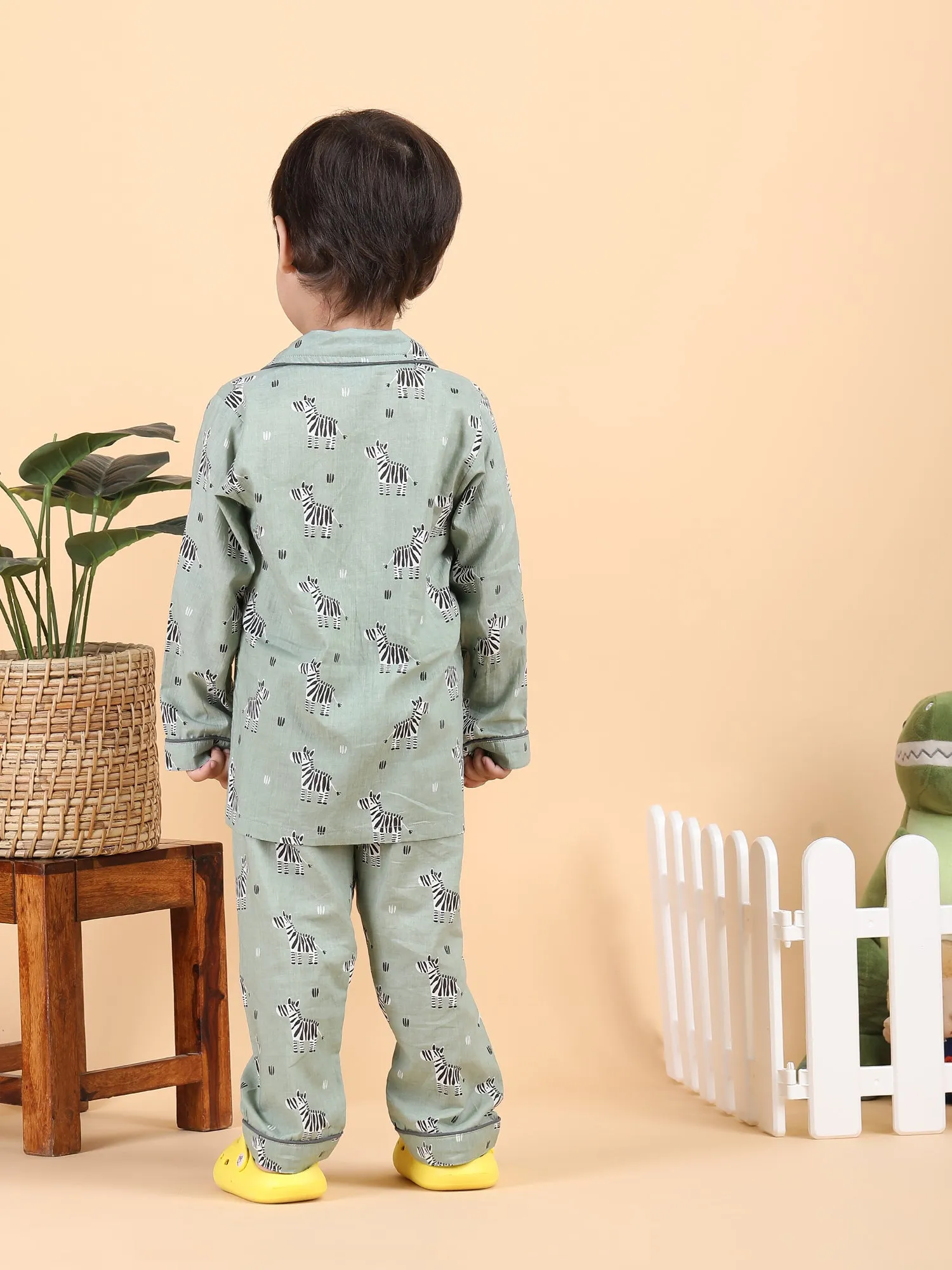 Polka Tots Full sleeve Zebra print Night suit - Green