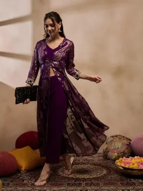 Purple Crop Top With Palazzo Pants and Shrug Set