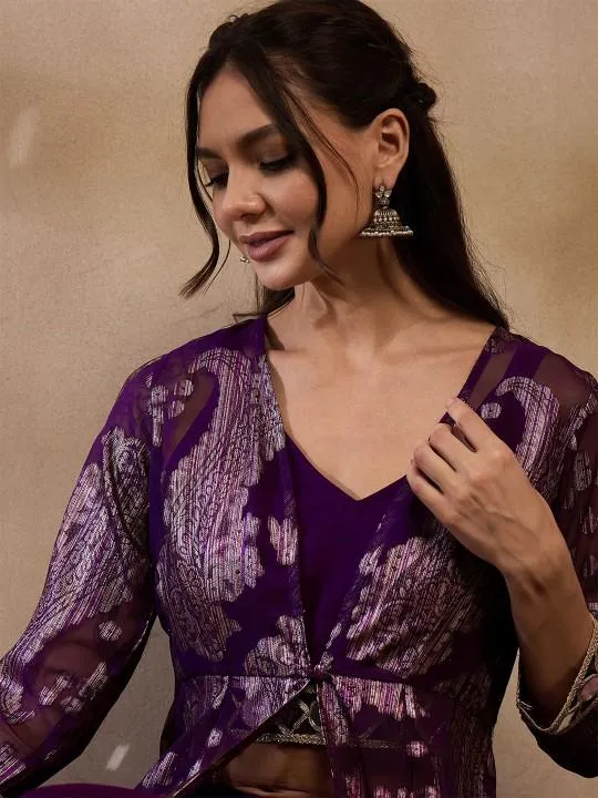 Purple Crop Top With Palazzo Pants and Shrug Set
