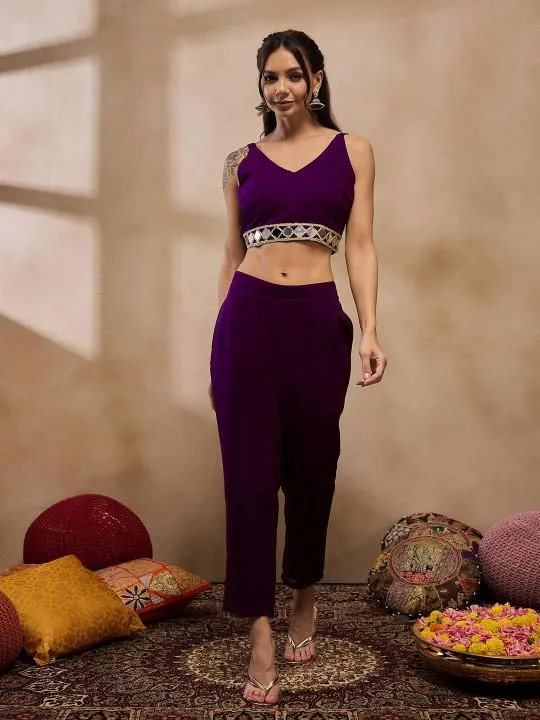Purple Crop Top With Palazzo Pants and Shrug Set