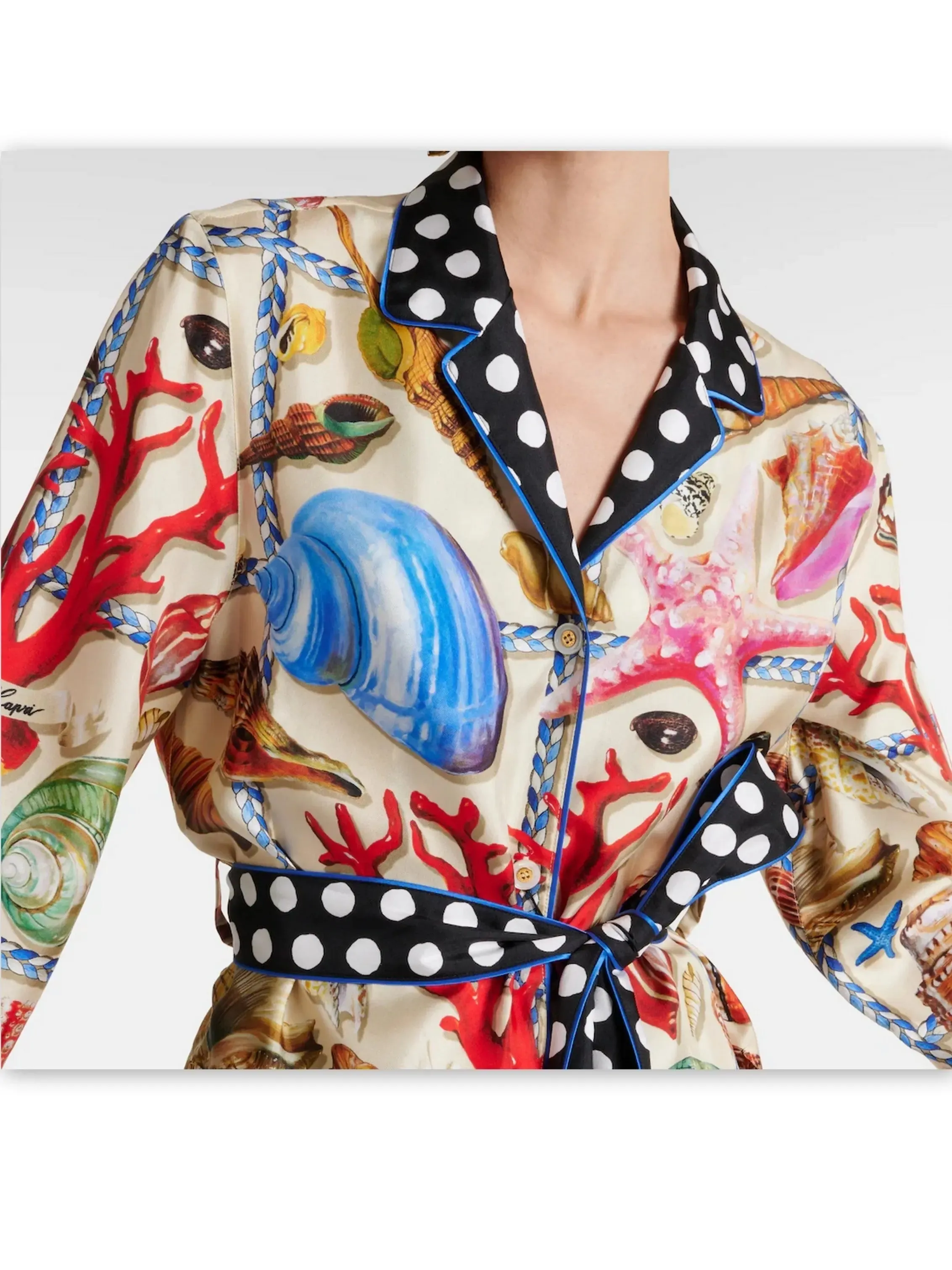Women’s Belted Polka Dot and Shell Print Pajama Shirt and Pant Set