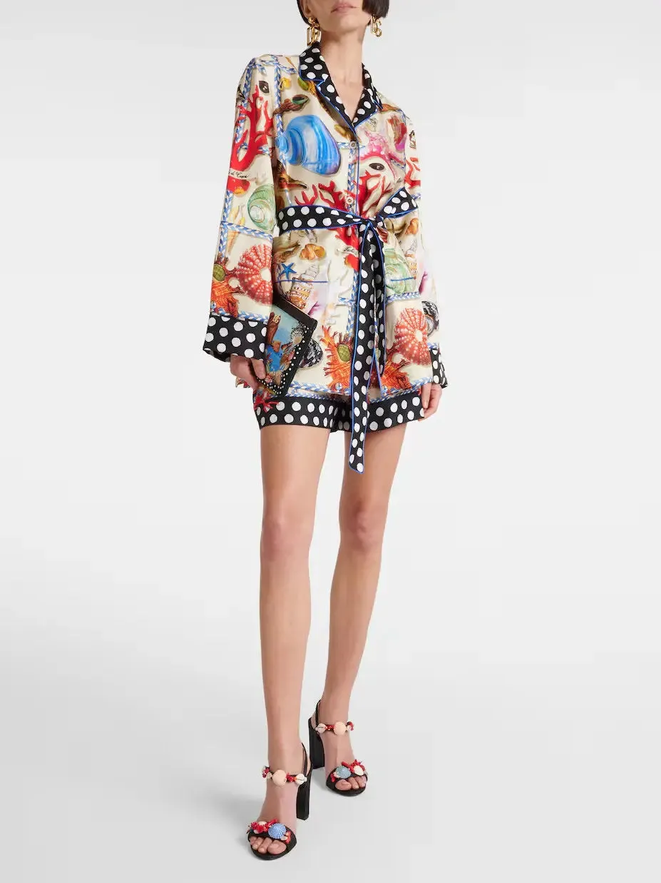 Women’s Belted Polka Dot and Shell Print Pajama Shirt and Pant Set