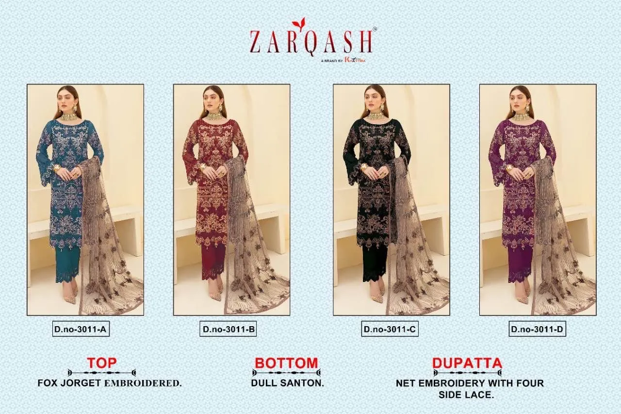 ZARQASH DNO:- 3011 GEORGETTE WITH HEAVY EMBROIDERY SUITS